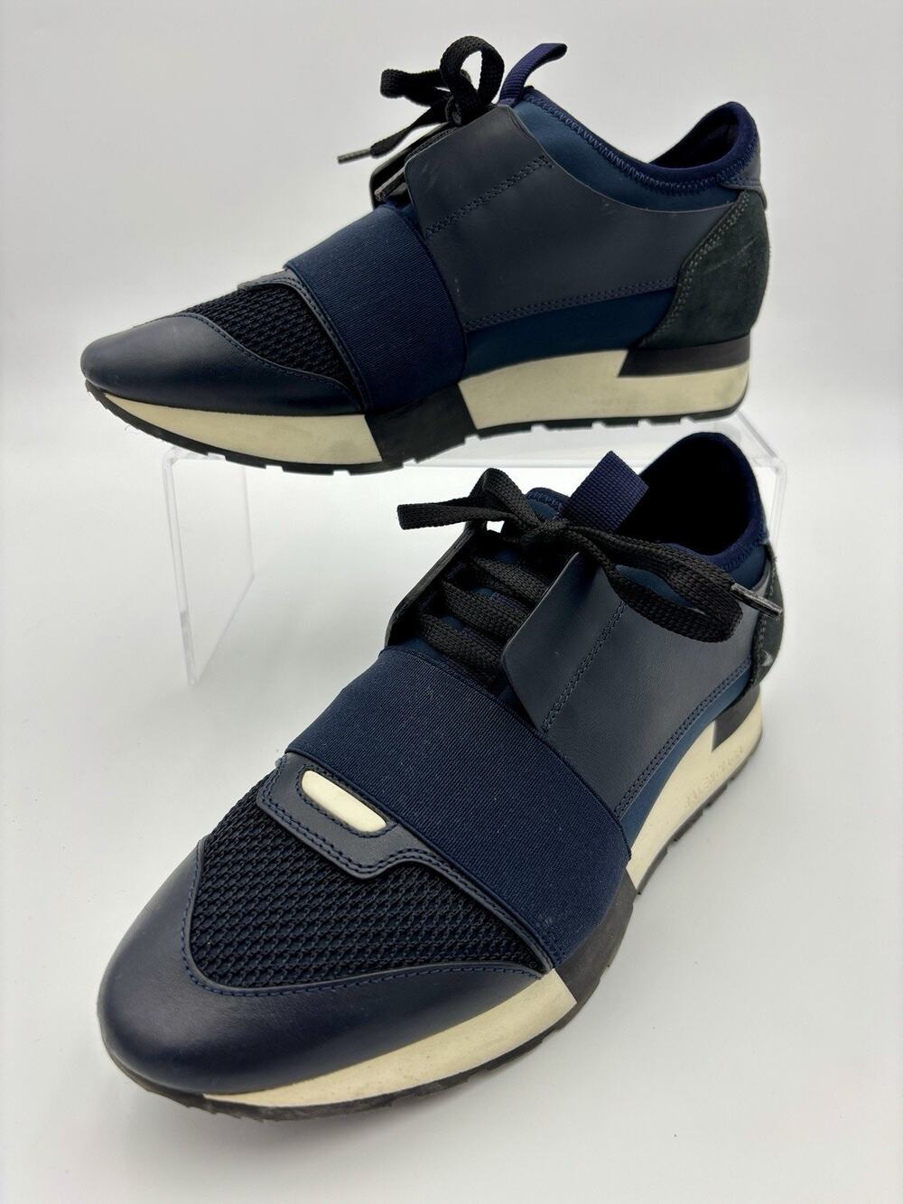 Authentic Balenciaga Race Runner Sneakers Navy Blue Black Elastic Size 8 38